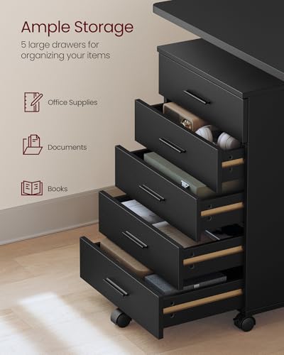 Image of VASAGLE CUSTOS Collection - File Cabinet, Mobile Pedestal Filing Cabinet with Wheels, Printer Stand with 5 Drawers, Tool-Free Sliding Rails, for Study, Home Office, Ink Black UOFC081BC01S