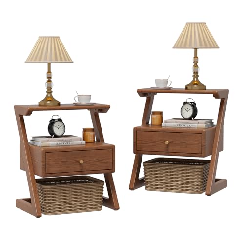 Image of Solid Wood nightstands Set of 2 with Open Shelf and Drawers, Z Wooden Set of 2 nightstands with Open Storage, Bedside Table Set of 2 for Bedroom, Modern Mid Century end Table.