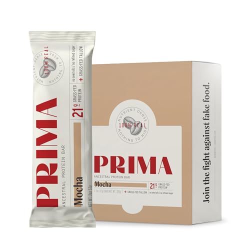 Prima Ancestral Protein Bar | Grass Fed Protein Bars | 21g Protein Beef Tallow Seed Oil Free | Mocha 7 Pack