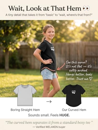 Image of WELAKEN Girls Soft T-Shirt with Curved Hem, Breathable Stretchy Rayon Crewneck Short Sleeve Tees, Kids Everyday Basic Top