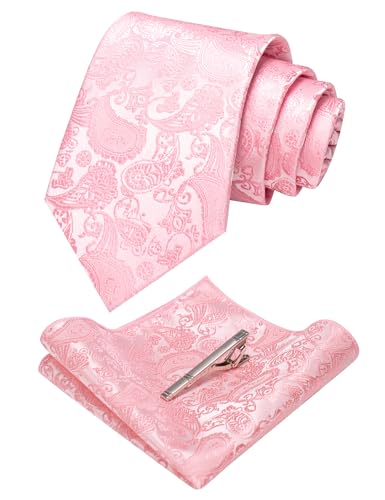 Image of JEMYGINS Mens Solid Color Paisley Necktie and Pocket Square with Tie Clip Sets