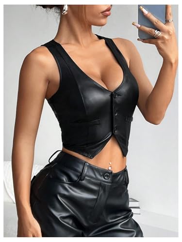 Floerns Women's Sleeveless V Neck Button Front Faux Leather Waistcoat Y2k Crop Tank Top4