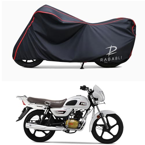 Image of Waterproof Bike Body Cover Compatible for | TVS Radeon Base BS6 | Taffeta Fabric, Red Piping Design, Bottom Elastic Fit | Dustproof, Sun UV & Rain Protection for All Bikes