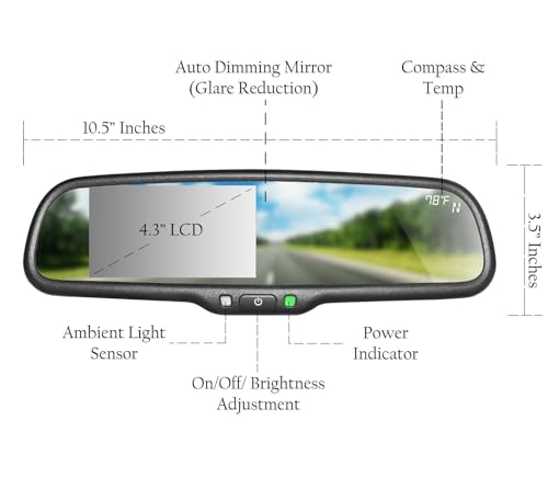 Image of Master Tailgaters 10.5 inch OEM Rear View Mirror with 4.3 inch LCD Screen + Dimming + Compass & Temperature | Rearview Universal Fit | Auto Adjusting Brightness LCD | Anti Glare | Original Mirror Replacement