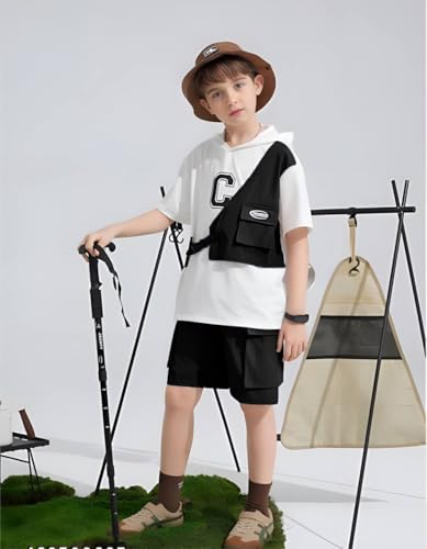 Image of Kids Boys 3-Piece Outfit Set | Half Sleeve T-Shirt, Utility Vest & Cargo Shorts with Cap | Stylish Casual Summer Clothing Set for Boys