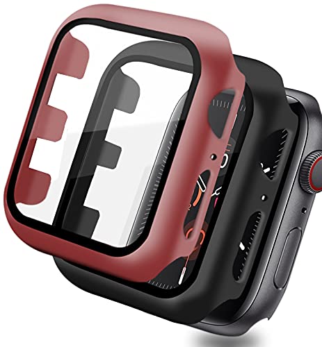 Pocoukate [2Piezas] Funda Protectora con Protector de Pantalla Cristal Templado Compatible con Apple Watch Series 3/2/1 42mm, Anti-Choque Caso para Compatible con iwatch 3/2/1 42mm, Negro&Rojo Vino