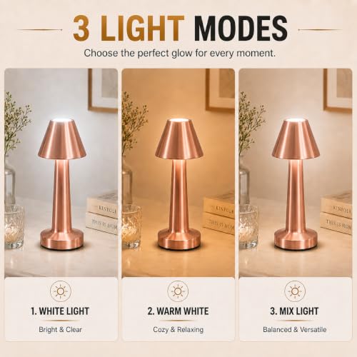 Image of One94Store Rechargeable LED Table Lamp with Touch Control | Cordless Portable Desk Lamp, 3 Color Dimmable Lighting | Rose Gold Metal Lamp for Bedroom, Living Room, Restaurant, Study, Cafe & Home Decor