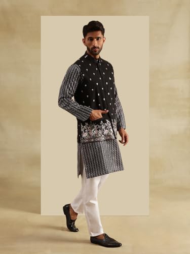 Image of SOJANYA Men's Silk Blend Black Kurta and White Pyjama With Daman Embroidered Black Nehru Jacket