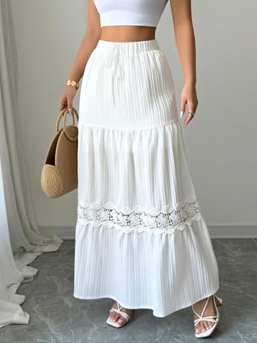 Trend Women's Summer Basic Skirt A-Line French Lace Hem Drawstring Waist Long Skirts for Summer for Beach4