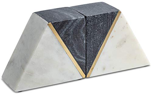 Cork & Mill Marble Bookends - Set Of 2 Heavy Decorative Book Stoppers With Non-Skid Bottom - Handcrafted Solid Marble Bookshelf Decor (White/Grey + Brass) #TOP5