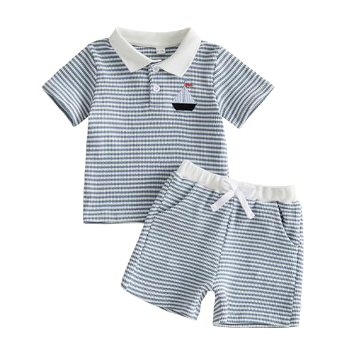 ABlibuy Baby Toddler Boy Clothes Short Sleeve Button Down Striped T Shirt Top Shorts Sets 2PCS Infant Boy Summer Outfits (Blue, 3-4T)