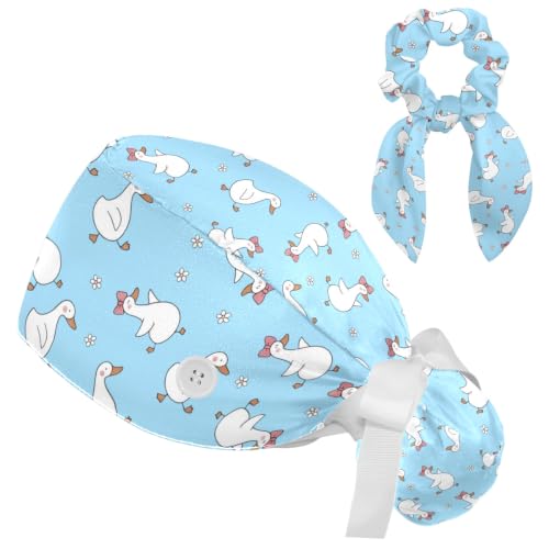 Image of Butterfly Scrub Cap Women with Ponytail & Buttons Adjustable Surgical Nurse Hat with Cotton Sweatband for Long Hair