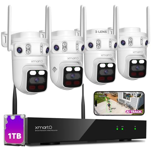 XMARTO 6MP Tri-Lens 4-Cam 1TB WiFi Mesh Security Camera System,16CH 4K H.265 WiFi-Inside NVR,360°PTZ AI Tracking,3-View/Cam,Long Range Wireless,Plug-in 24/7 Home Surveillance,Local & Mobile View