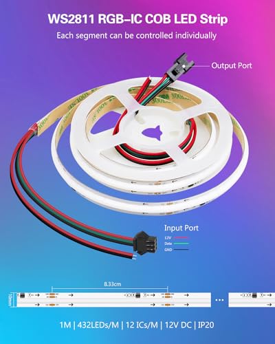 Image of ALITOVE 3.28ft Addressable RGB IC COB LED Strip Lights 12V WS2811 LED Tape Light Indoor 432LEDs Not-Waterproof Color Chasing LED Strip Light for Room Decor DIY Lighting(No Power Supply & Controller)