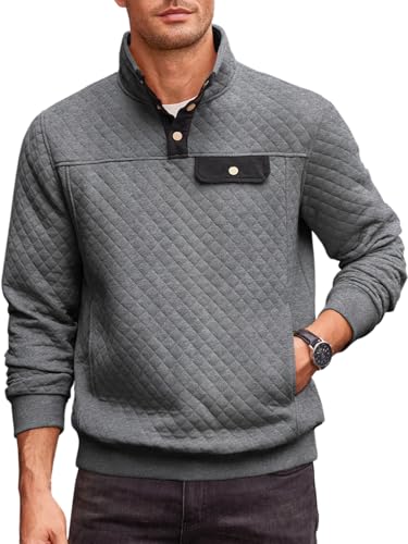 Runcati Mens Quilted Sweatshirt Stand Collar Casual Diamond Pullover Long Sleeve Quarter Button Sweatshirts