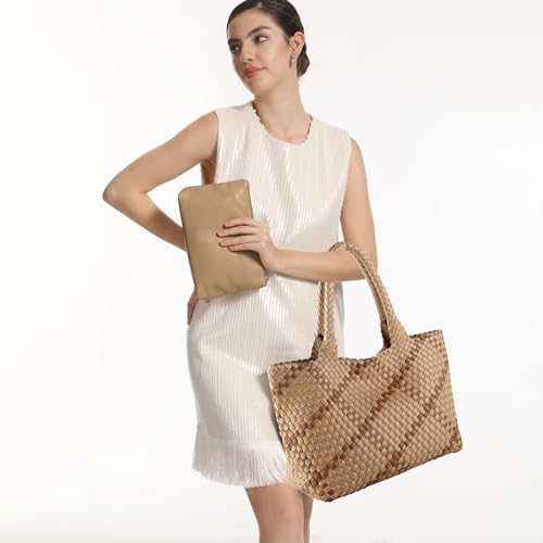 Image of Woven Tote Bag Womens Purse Vegan Leather Shoulder Handbags Fashion Summer Beach Tote Bags Large Travel Totes