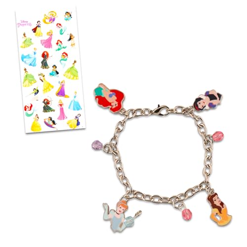 Disney Princess Charm Bracelet for Girls - Bundle with Princess Bracelet comes with Ariel, Cinderella, Belle, & Snow White Charms and More | Disney Bracelet Set