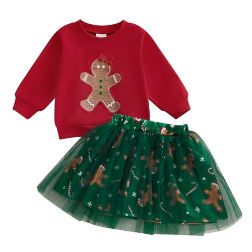 Doisbetthsay Toddler Christmas Dress Baby Girl Christmas Outfit Long Sleeve Gingerbread Sweatshirt + Tulle Skirt Set (A Green, 3-4T)