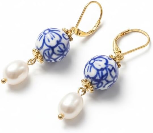 Blue & White Porcelain Pearl Earrings for Women, Lucky Four Leaf Clover Dangle Earrings, Vintage Chinoiserie Jewelry, Something Blue Wedding Bridesmaid Gift, Elegant Aesthetic Earrings - Image 2