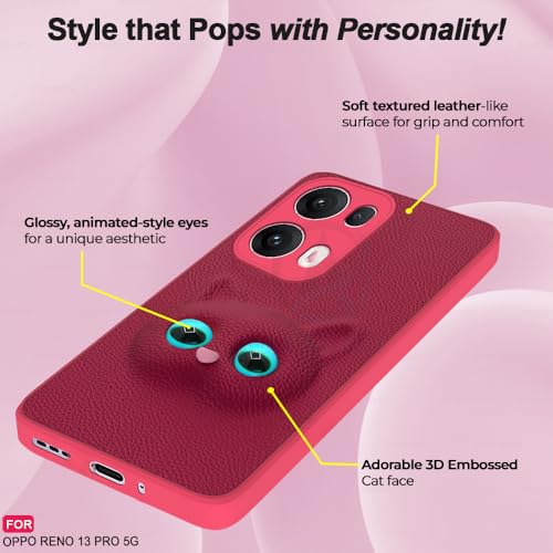 Image of AESTMO Back Case Cover for Oppo Reno 13 Pro 5G Back Cover | 3D Cat Cover | Leather Finish | Full Body Protection | Camera Protection Back Cover for Oppo Reno 13 Pro 5G (Pink)