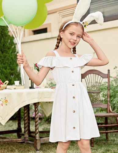 Arshiner Girls Dresses Summer Spaghetti Strap Cold Shoulder Ruffle Button Down A Line Dresses2