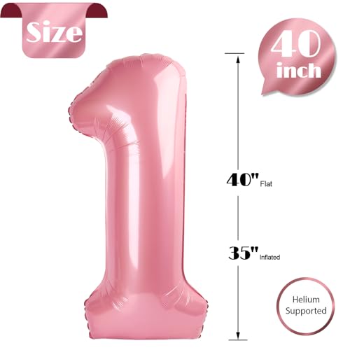 Image of 40 Inch Pearlescent Pink 1 Balloon for First Birthday, 1st Number Balloons Birthday Decorations, One Giant Number 1 Balloon