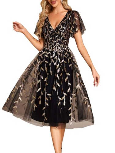 Ever-Pretty Robe Cocktail Femme Midi Paillette et Tulle Col V Manches Courtes Or Noir 48