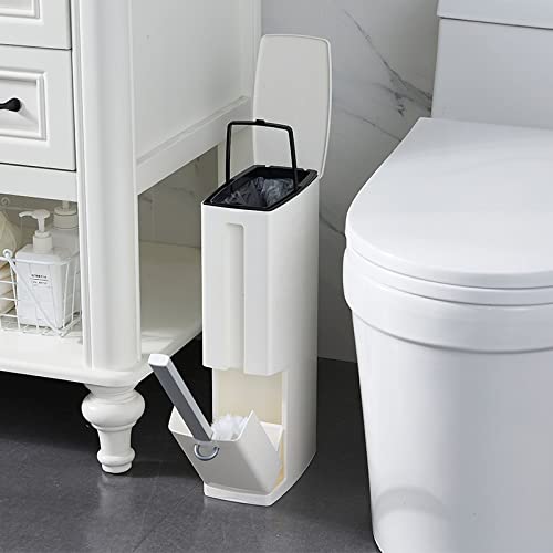 Bathroom Trash Can Set with Toilet Brush 3 in 1 Slimline Waste Bin Garbage Can and Hidden Toilet Brush Holder (White) - Image 2