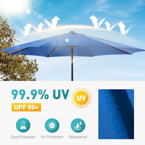 Image of OLIXIS 9FT Patio Table Umbrella with Tilt and Crank Button & 8 Sturdy Ribs Waterproof, 9 Feet Outdoor Patio Umbrella Sun Shade for Pool, Terrace, Beach and Restaurant, Blue