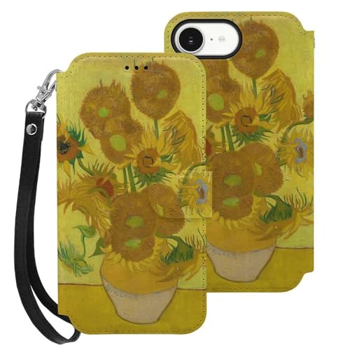 iPhone16 E用ケース 手帳型 ゴッホ ひまわり アイフォン16 E用ケース 財布型 スマホケース PUレザー おしゃれ カード収納 スタンド機能 携帯カバー 耐衝撃 2025年新型