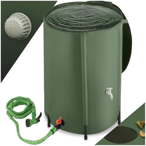 tectake® Collapsible Water Container with Overflow Protection - Weather-Resistant & Rust-Free Water Butt with Protective Grate, Tap & Floor-Safe Plastic Feet, Stable Structure & Quick Setup - 380L