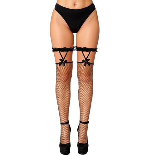 Abeillo 1 Paar Netzstrümpfe für Damen,Netzstrumpfhose mit Spitzen-Schleifen,Sexy Fishnet Stockings,Oberschenkelhohe Halterlose Strümpfe für Damen...