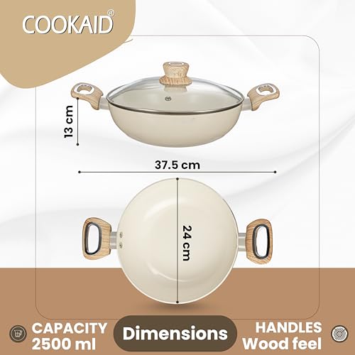Image of Kadhai with Glass Lid 24cm 2.5 Litre | Velora Non Stick Ceramic Coating | ISI Certified | Aluminium Body | Kitchen Cookware Kadai for Cooking Woks-Cream | Induction Stovetop Compatible |