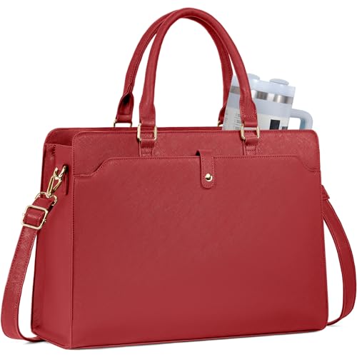 GMAK Laptop Tote Bag for Women, 15.6 Inch Leather Computer Bags Lightweight Business Office Work Briefcase Large Capacity Waterproof Handbag for Daily Commute Travel Work, Red