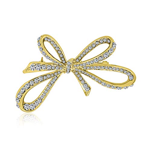 Image of Bling Jewelry Winter Holiday Blue White Glittering Crystal Bridal Fashion Large Statement Ribbon Scarf Bow Brooch Pin For Women Rose Gold or Silver Plated