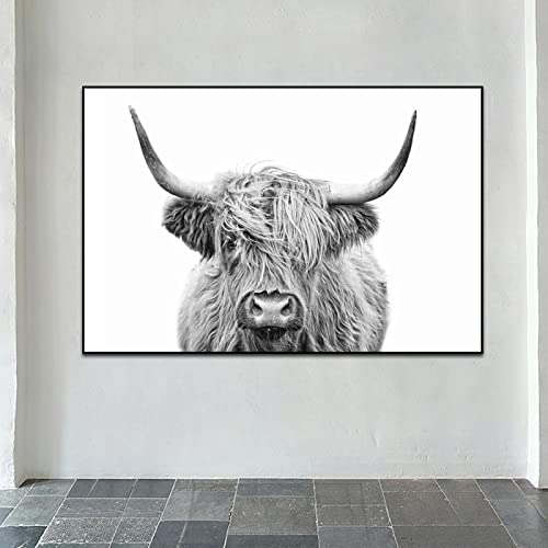 Yooyu Blanco y Negro Highland Cow Ganado Pared Lienzo Arte Pintura nórdica Póster e impresión Imagen de pared escandinava para sala de estar 50x100cm (20x39in) Sin marco