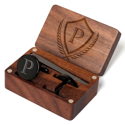 Image of Mens Initial Cufflinks and Tie Clip A-Z Alphabet Letter Black Stainless Cuff Links Tie Bar with Engraved Walnut Wood Box Groom Groomsman Wedding Set