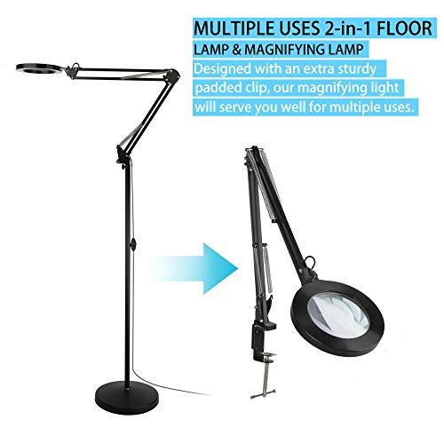 TOMSOO 3-in-1 Magnifying Glass Floor Lamp with Clamp, White/Warm White Lighted Magnifier Lens - Adjustable Stand & Swivel Arm - Full Spectrum LED Light for Reading, Crafts, Professional Tasks (Black) - Image 3
