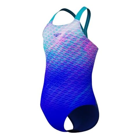 Speedo Girls Print Powerback Swimsuit Swimming Costume Deep Sapphire/Mayan Blue Size 15-16 Years Cover