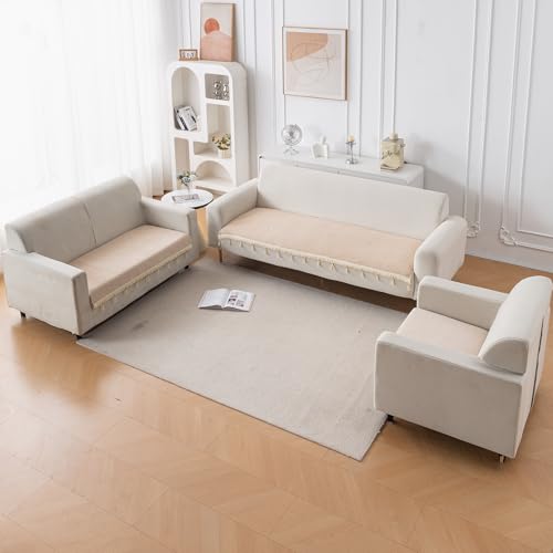 Image of HOKIPO 'Serenity Tassel' Chenille Sofa Cover 6 Seater Set with Tassels - Washable 3+2+1 Sofa Cover Mat | Ivory Fringe (IN-890 + IN-891 + IN-892 - BGE)