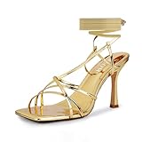 ISNOM Lace up Heels - Gold Strappy Tie up Square Toe Stripper Gladiator Wrap up Stiletto Sandals