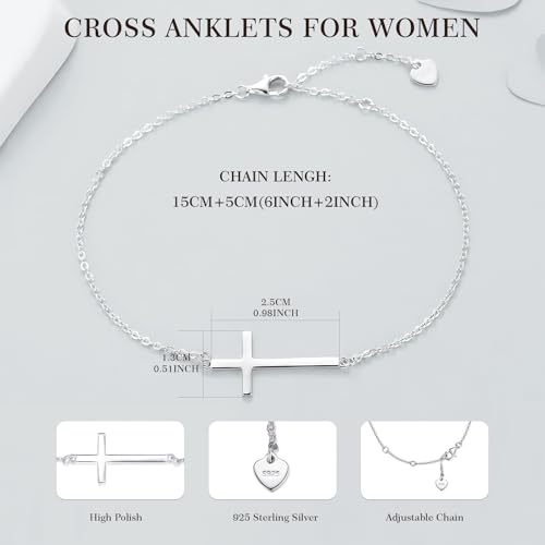 YZSFMZGE 925 Sterling Silver Cross Bracelet for Women 14K White Gold Plated Christian Faith Religious Bracelet Adjustable Cross Bracelet Anklet Jewelry Confirmation Gifts for Easter Festival4