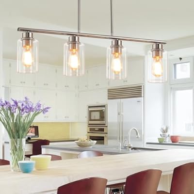 mavcadonf Kitchen Island Light, 4-Light Pendant Lighting, Farmhouse Dining Room Light Fixtures for Kitchen Island Dining Living Room, Brushed Nickel with Clear Glass Shade