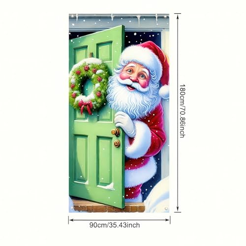 Image of BlissYard Holiday Door Cover Santa Pine Greenery 35x71 Inch Polyester