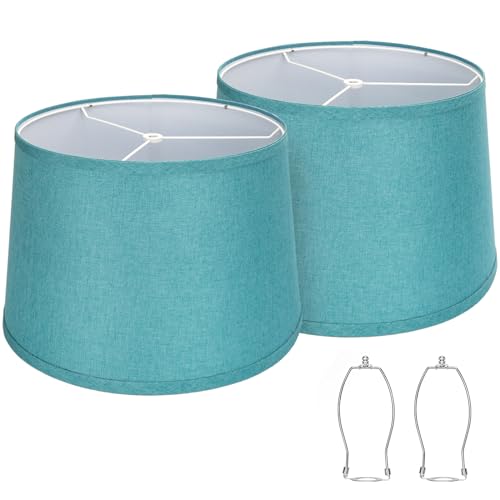 Image of Lampshades Set of 2, Blue Lamp shades for Table Lamps, Floor Lamps, 11.6 inch Top x 12.6 inch Bottom x 9.8 inch High, Fabric Drum Lampshade(Spider Fitter), Modern Lamp shades Replacement, Assembly Required