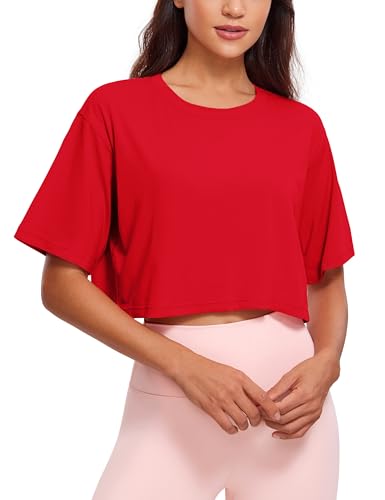 Image of CRZ YOGA Pima Cotton High Neck Crop T-Shirt | Workout, Naturally Soft, Loose Fit, Short Sleeve Tops for Women