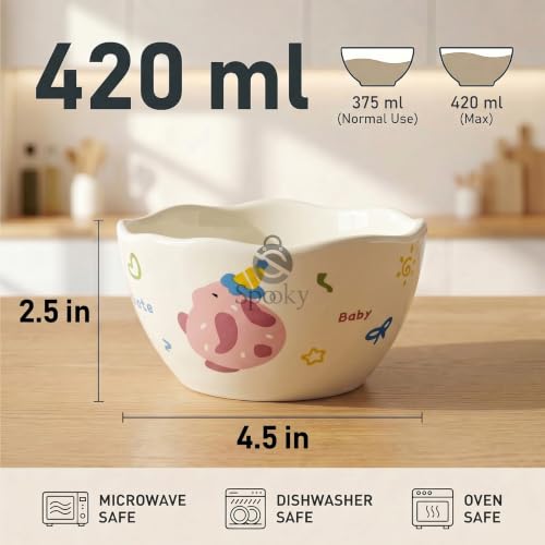 Image of Spooky Cute Ceramic Cereal & Soup Bowls (420ml) | Bowls with Top Waving Design | Microwave Safe Serving Bowls for Ramen, Noodles, Salad, Rice & Breakfast | Katori /Bati /Pyala (Set of 2,Pink Rabbit)