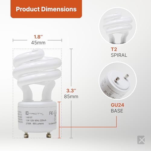 Image of Xtricity Compact Fluorescent GU24 2 Prong Light Bulb Base, T2 Mini Spiral, 13W (60 Watt Equivalent), 2700k Soft White, 900 Lumens, CFL, 120V, UL Listed (1 Pack)