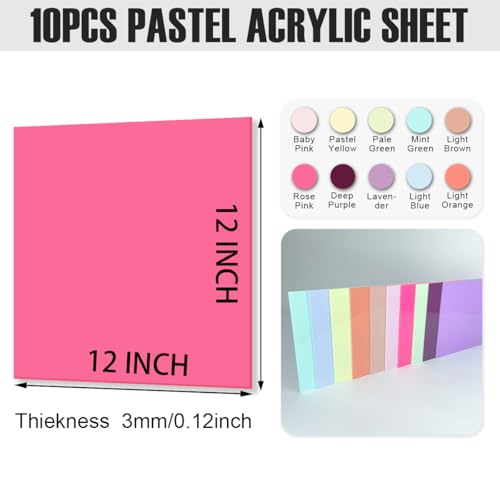 Image of 10 Color Cell Cast Acrylic Sheets 1 /8inch 12x12 300x300mm Plexiglass Sheets | 3mm laserable Plasitc Board for Laser Cutting Engraving DIY Project