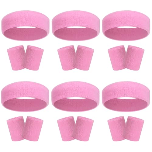 18 Pcs Sweatbands Headband Wristband Set Colorful Striped Terry Cloth Sports Athletic Gym 80s Sweat Headbands Wrist Bands (Pink) One Size